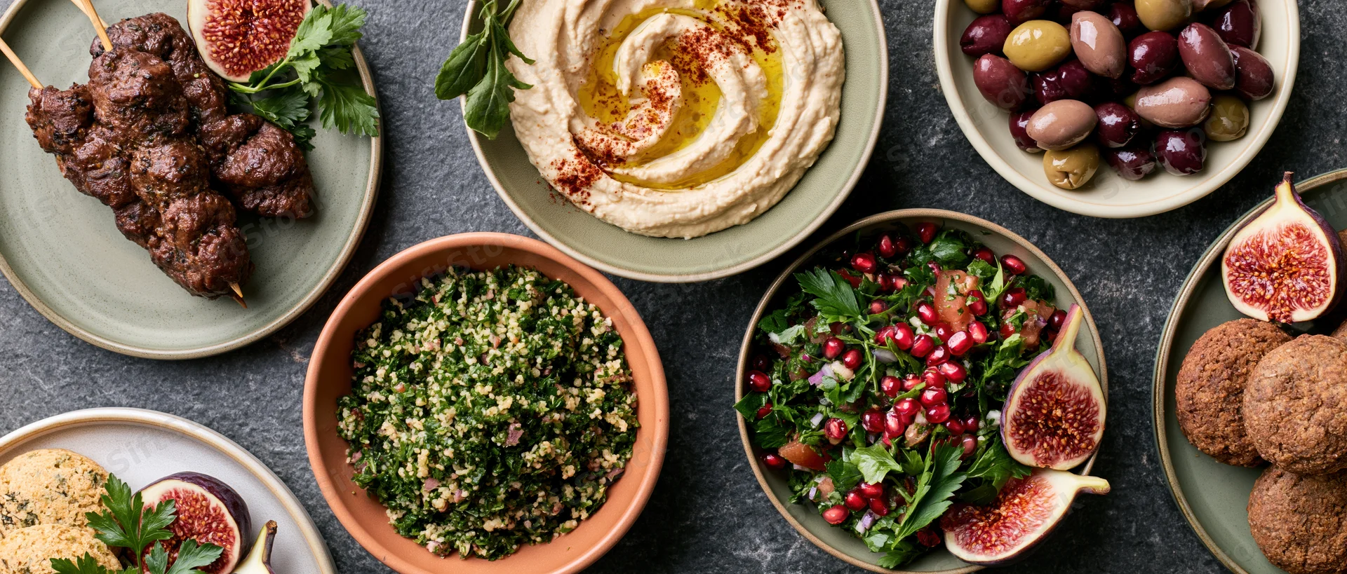 Overhead view of a middle eastern mezze spread with hummus, tabbouleh, salad, figs, olives, kebabs and cookies on a stone table