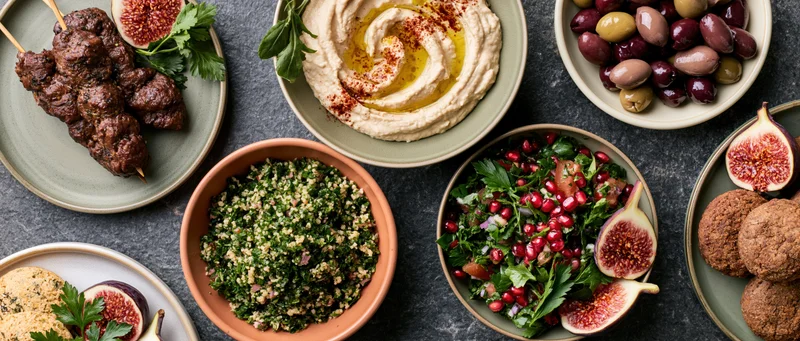 Overhead view of a middle eastern mezze spread with hummus, tabbouleh, salad, figs, olives, kebabs and cookies on a stone table