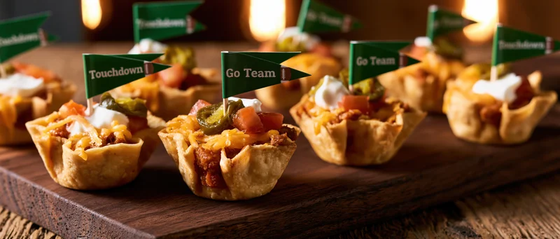 Mini taco cups filled with cheese, tomatoes, and jalapenos on a wooden board with football flags