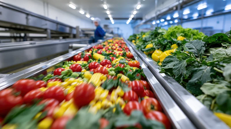 Mixed vegetables moving along a conveyor belt in a food processing factory