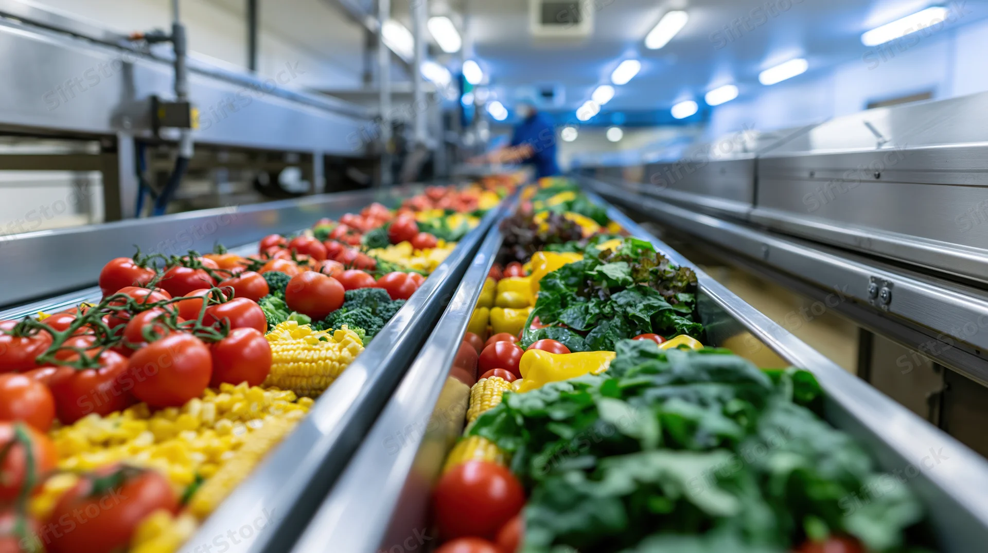 Fresh vegetables moving along a conveyor belt in a food processing facility