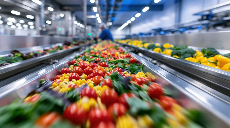 Mixed vegetables moving on conveyor belts in a food processing factory