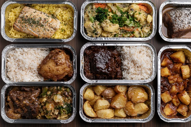 Multiple aluminum foil takeout containers arranged in grid on dark wood surface, each filled with different cooked meals including fish, chicken, beef, potatoes, rice, and pasta