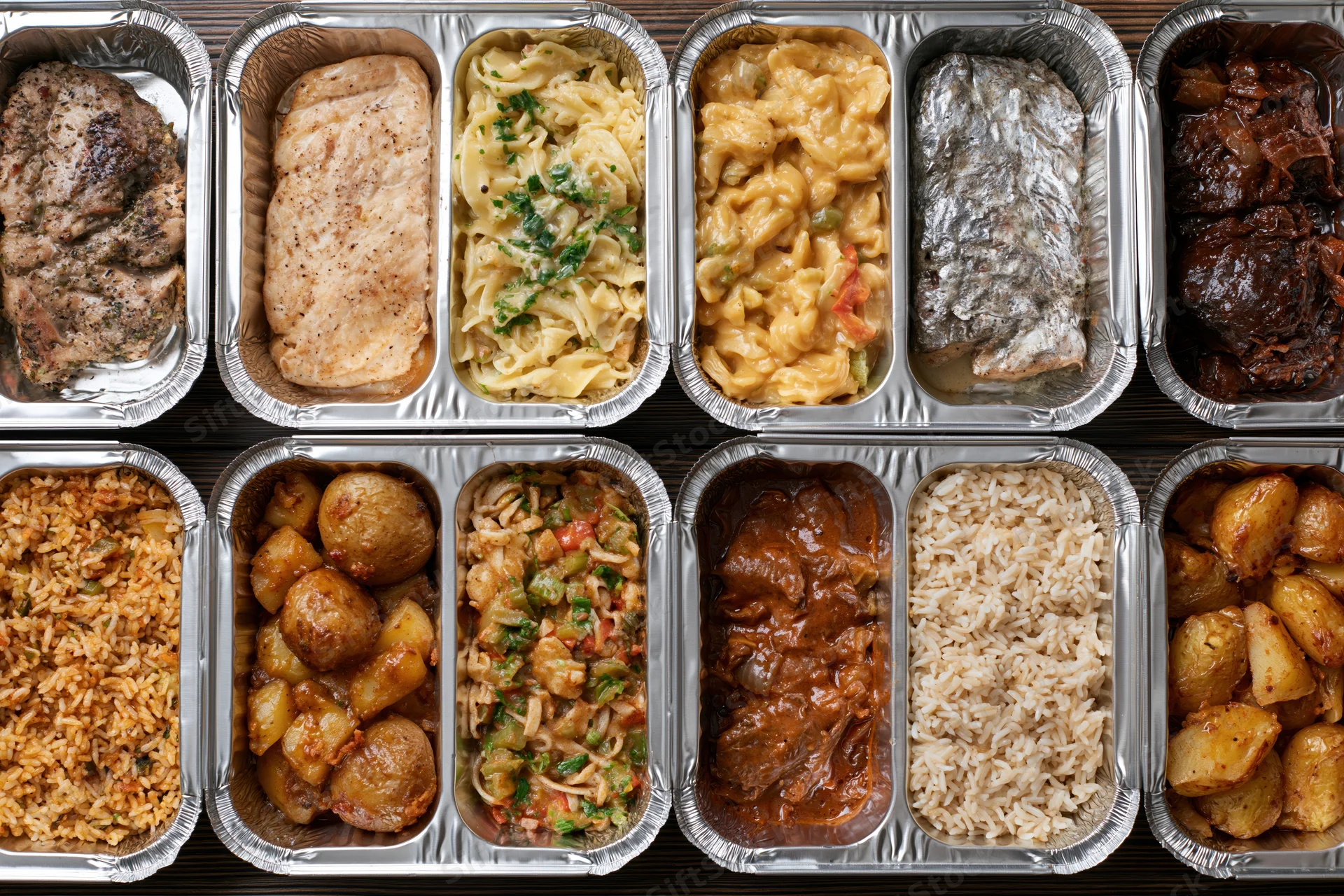 Multiple aluminum foil takeout containers arranged in rows filled with assorted cooked meals including meats, rice, pasta and vegetables viewed from above