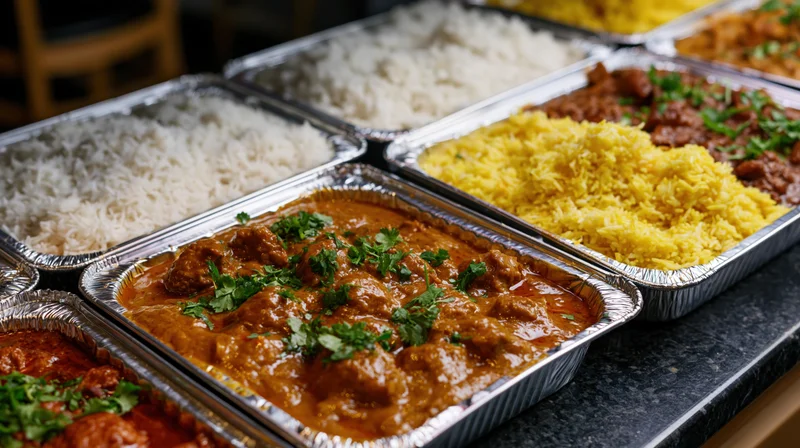 Multiple aluminum trays filled with indian buffet food arranged on a countertop