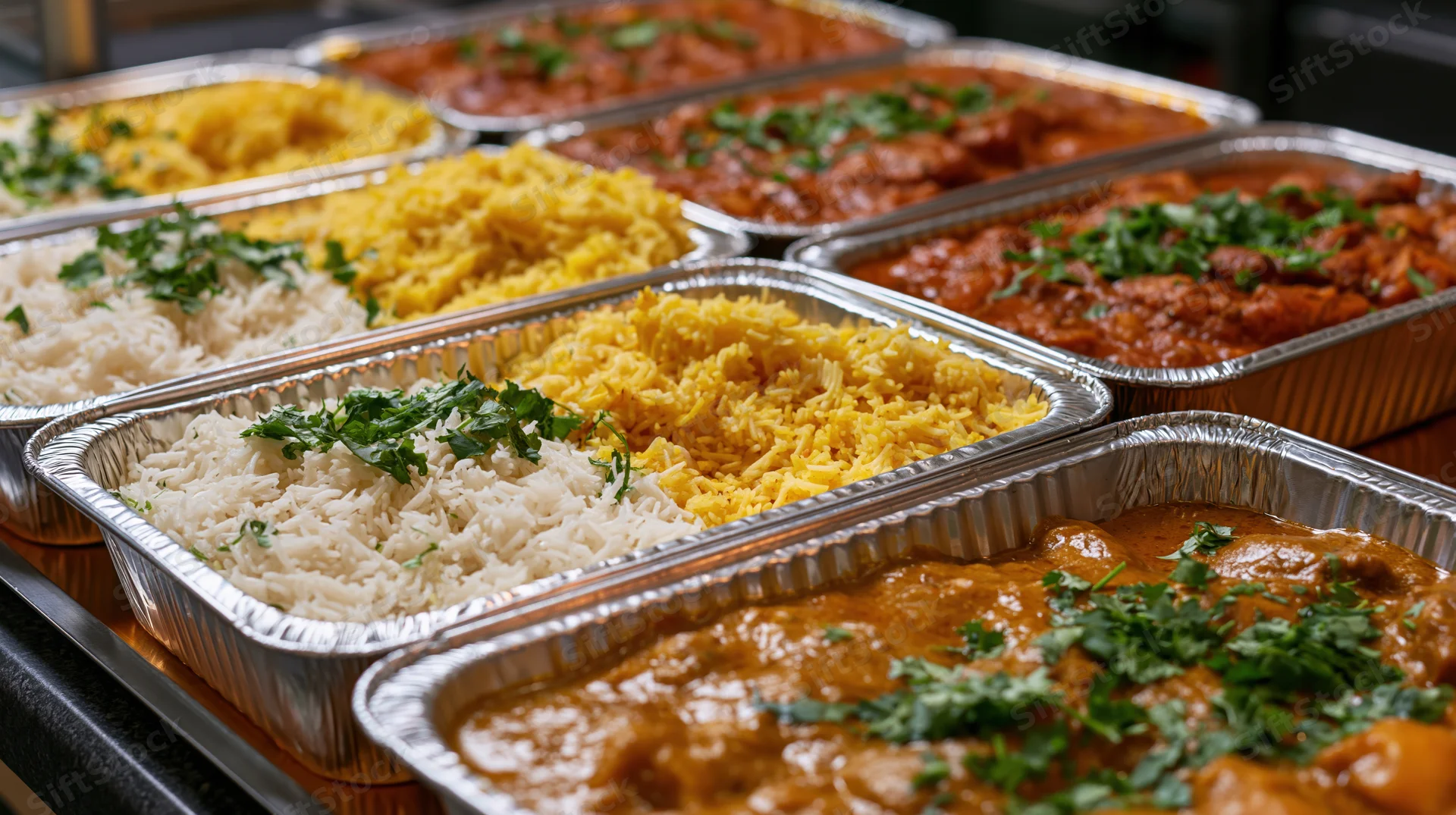 Multiple aluminum trays filled with indian curry and rice dishes arranged for buffet serving