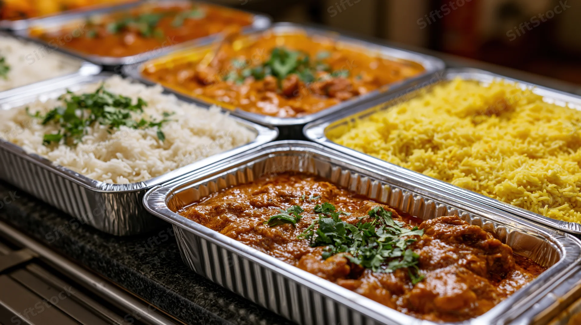 Multiple aluminum trays filled with indian buffet food including curry and rice arranged on a counter