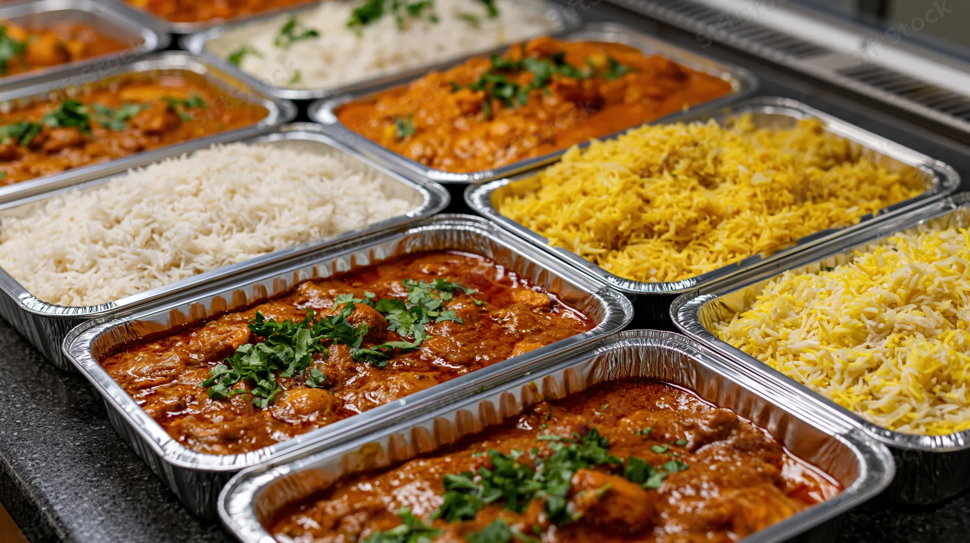 Multiple aluminum trays filled with indian buffet dishes arranged on a counter