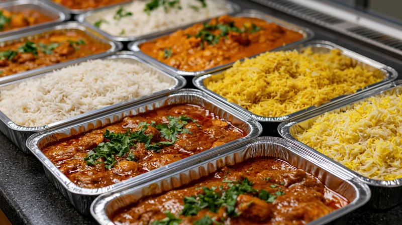 Multiple aluminum trays filled with indian buffet dishes arranged on a counter