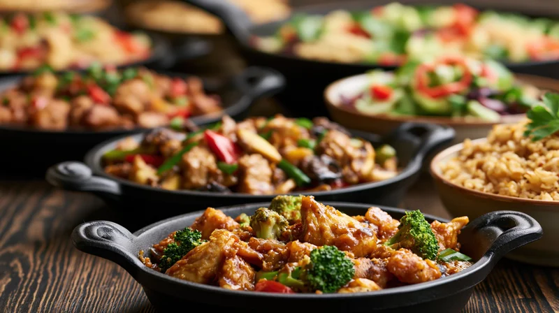 Stirfry with chicken and vegetables served in black cast iron pans on a dark wooden table