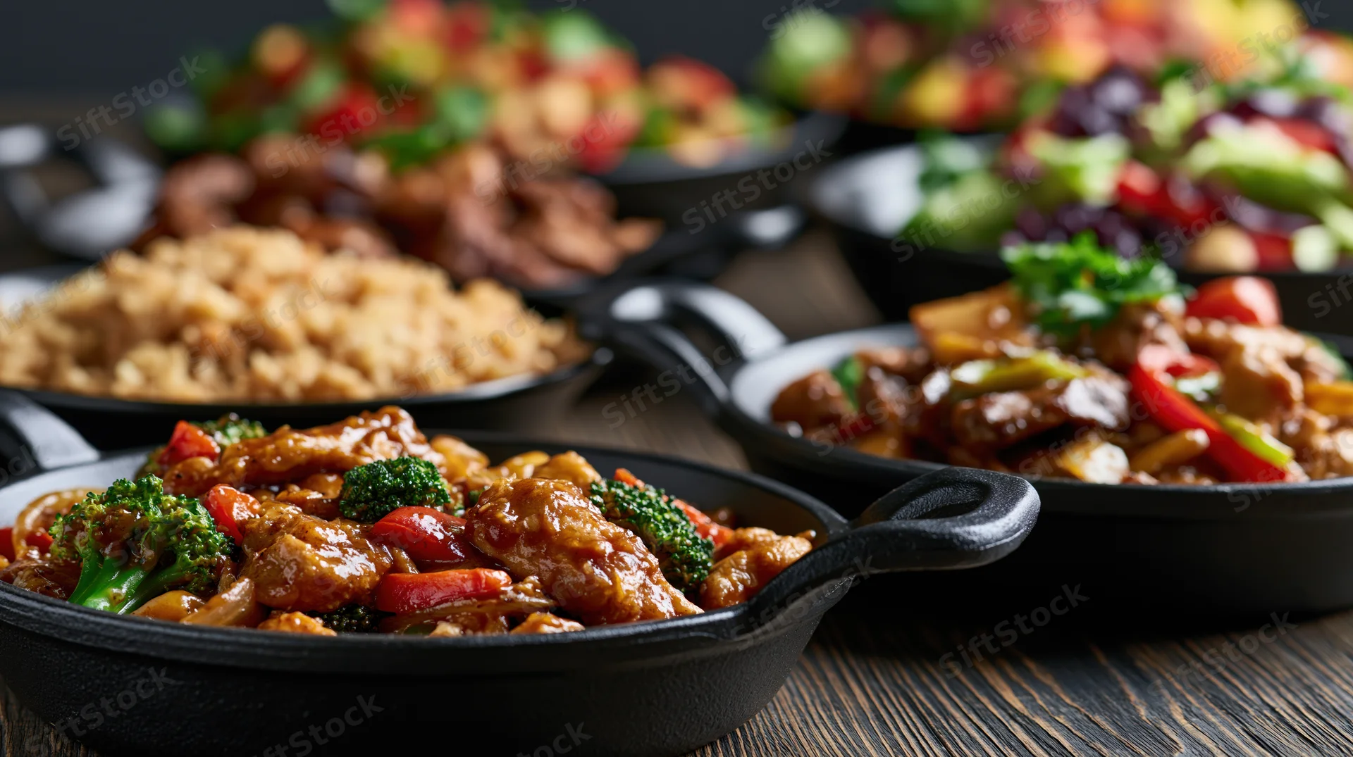 Stirfry in black cast iron pans arranged on a dark wooden table