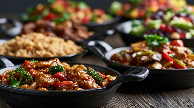 Stirfry in black cast iron pans arranged on a dark wooden table