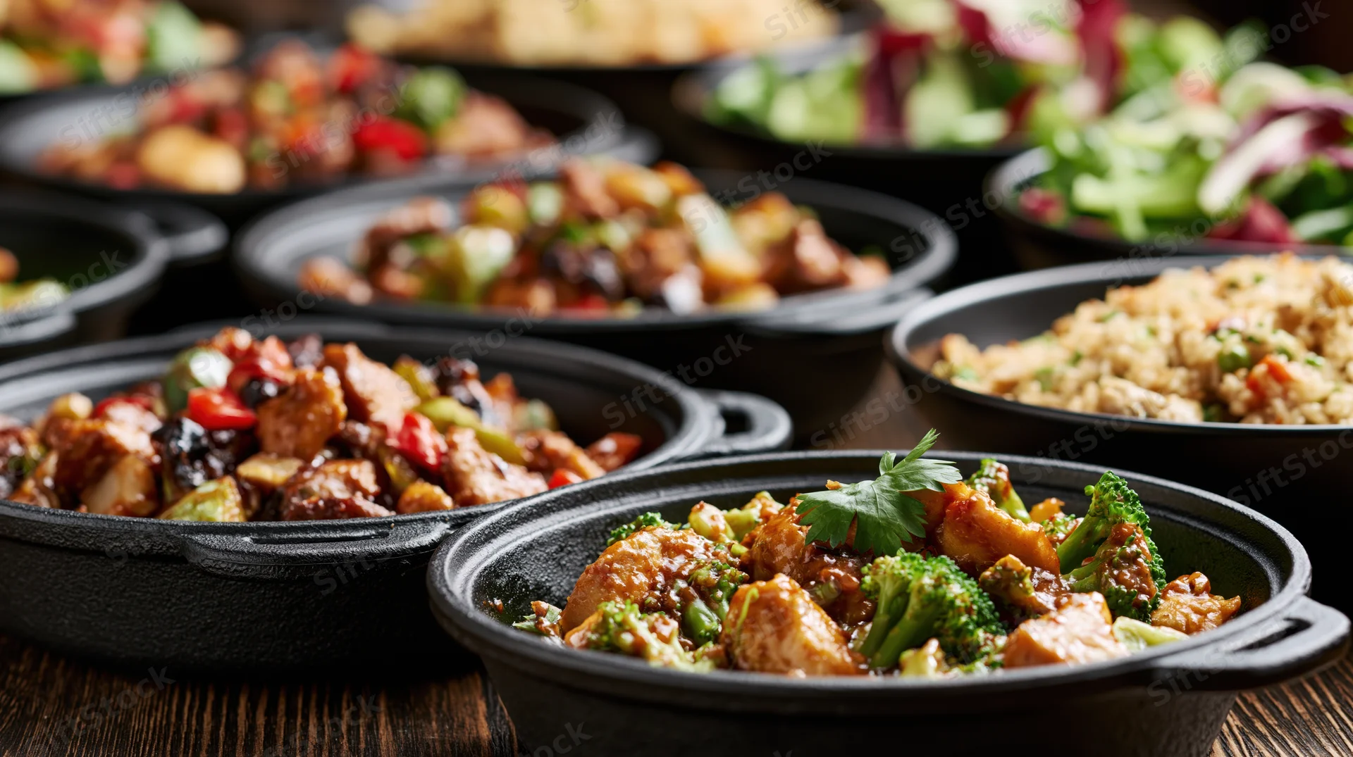 Multiple black cast iron pans filled with stir-fried dishes arranged on a wooden table