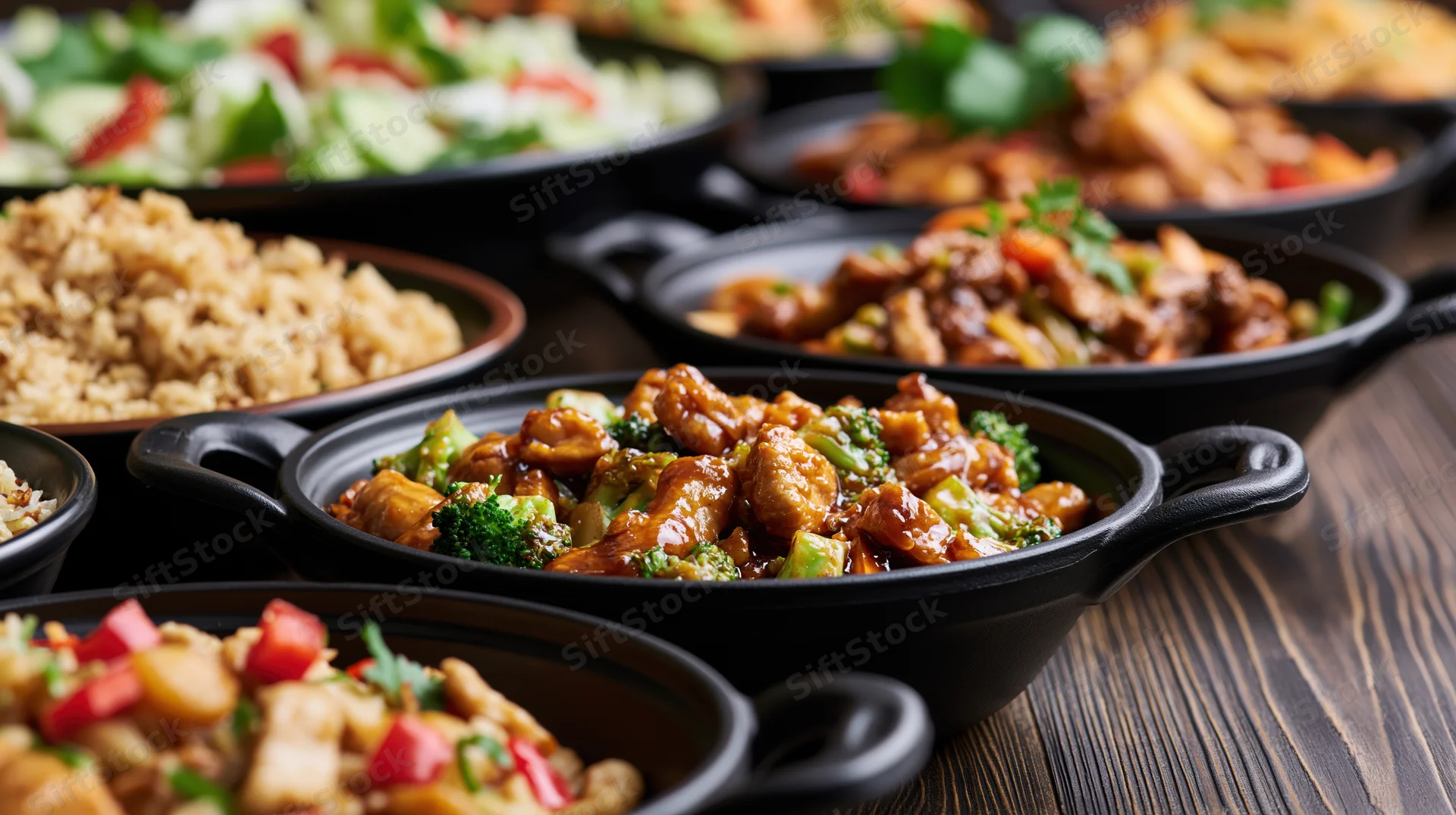 Multiple black cast iron pans and bowls filled with stir-fry dishes arranged on a wooden table