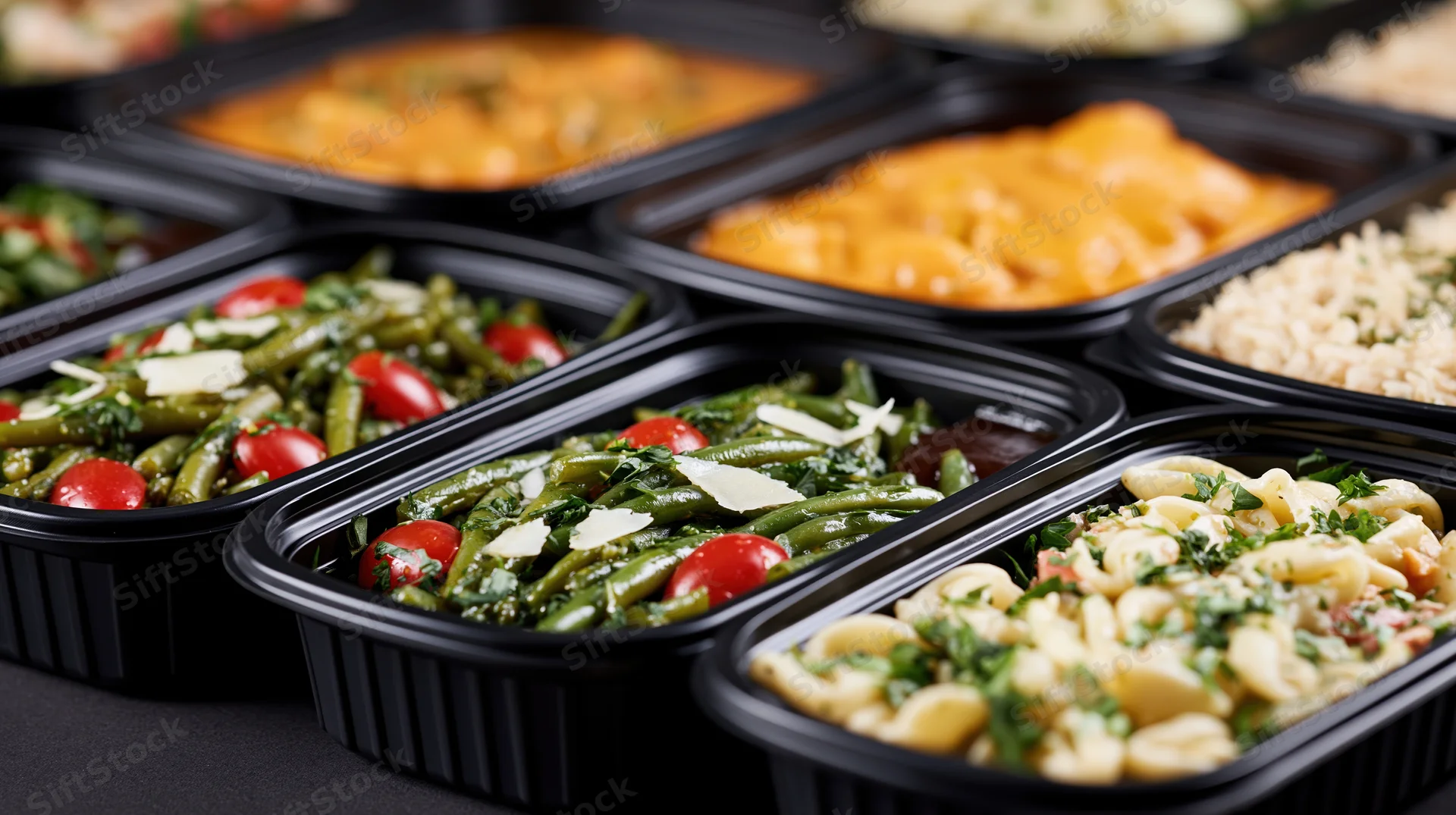 Multiple black plastic takeaway containers filled with various meals arranged in rows on a dark surface