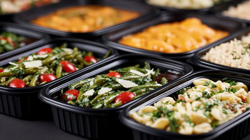 Multiple black plastic takeaway containers filled with various meals arranged in rows on a dark surface