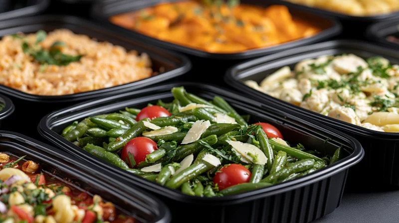 Multiple black plastic takeaway containers filled with various prepared meals arranged in rows