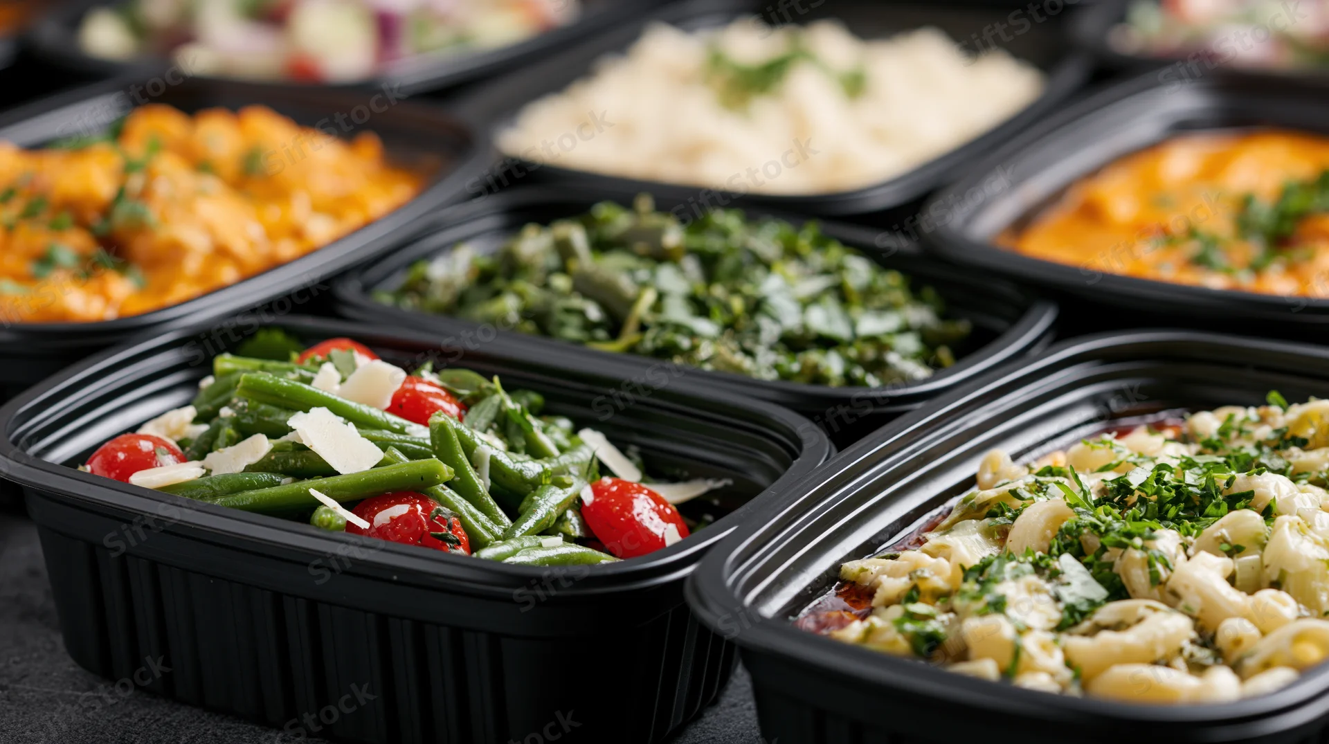 Multiple black plastic takeaway containers filled with various prepared meals including salads and pasta dishes arranged on a dark surface