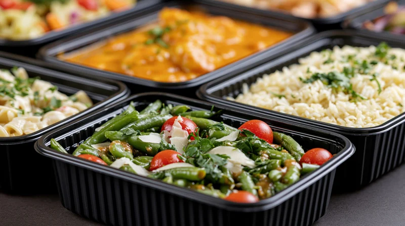 Multiple black plastic takeaway containers filled with various prepared meals arranged on a dark surface