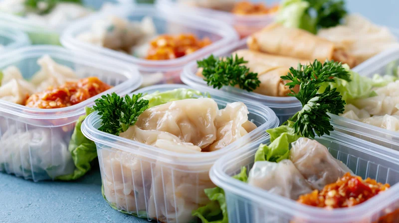 Clear plastic containers filled with asian dumplings and spring rolls garnished with parsley and lettuce on a blue surface