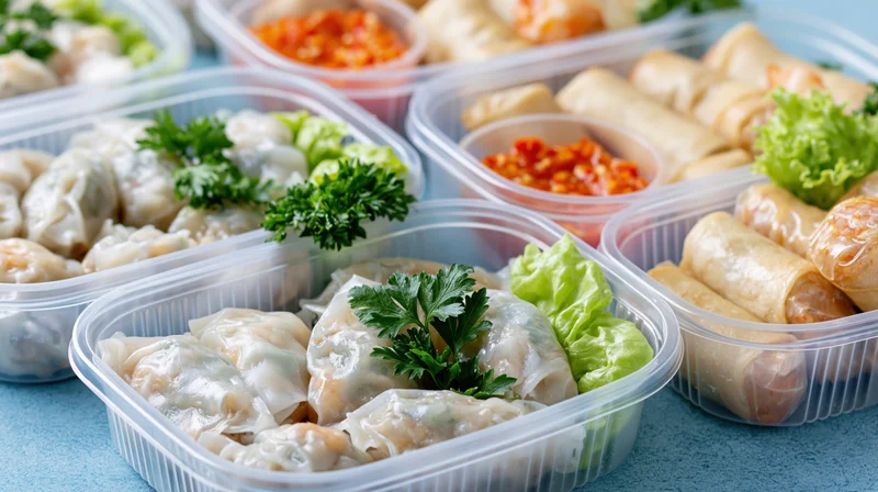 Multiple clear plastic takeout containers filled with asian dumplings and springrolls garnished with parsley and lettuce on a blue surface