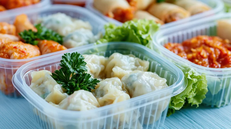 Clear plastic containers filled with dumplings and garnishes arranged on a blue surface