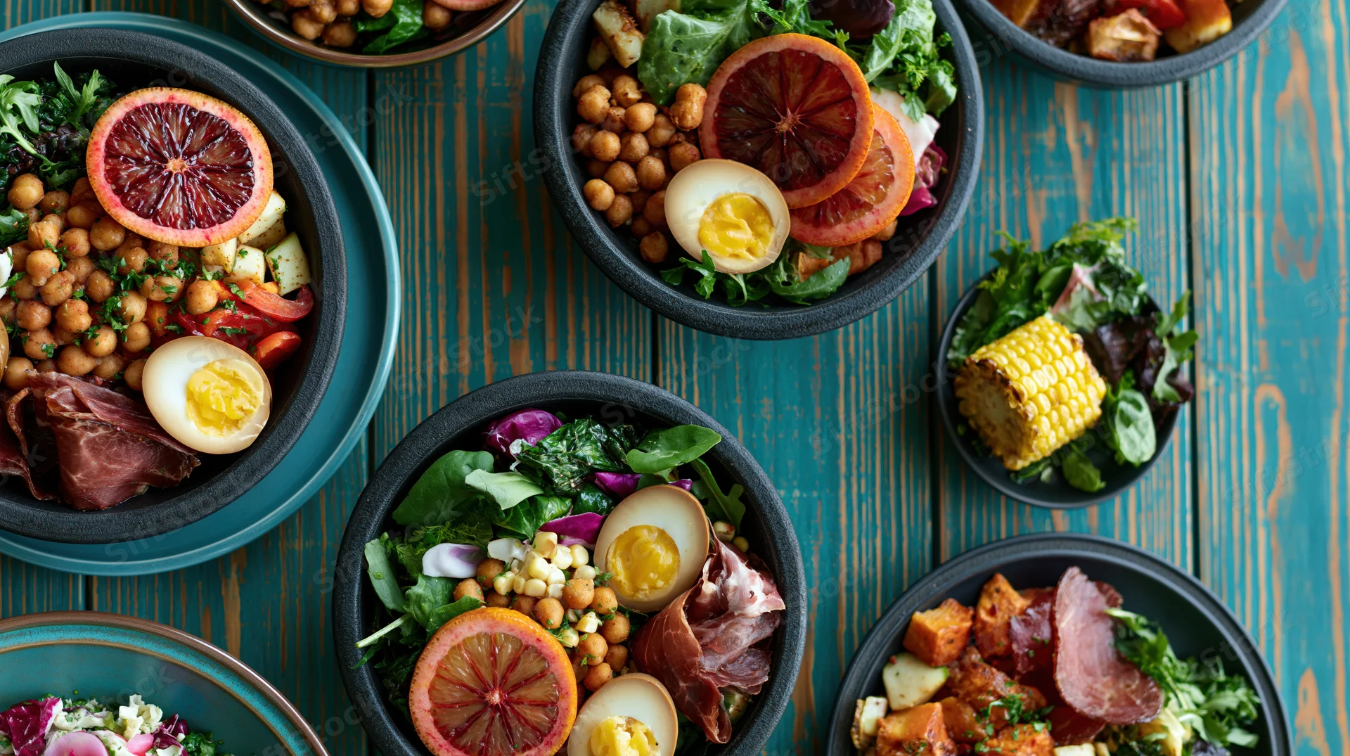 Multiple dark stone bowls filled with colorful salads and toppings arranged on a teal wooden table