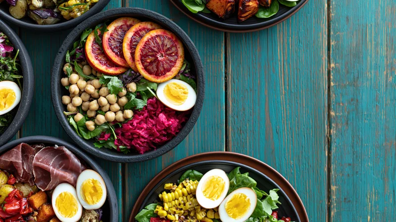 Multiple dark stone bowls filled with colorful salads and toppings arranged on a teal wooden table