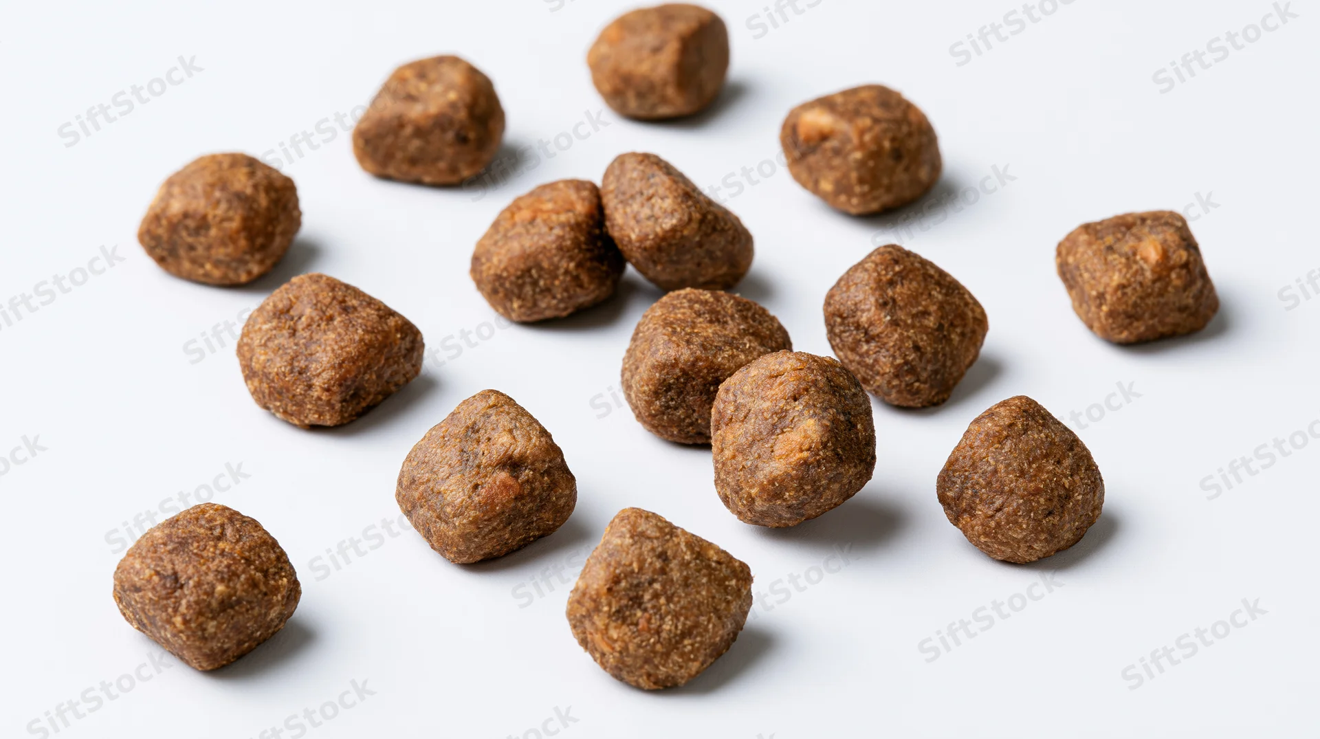 Dry pet food kibble pieces scattered on white background
