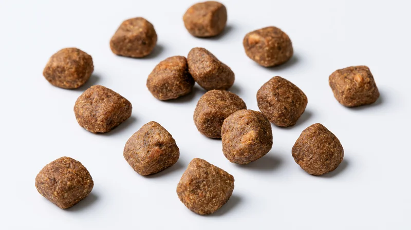 Dry pet food kibble pieces scattered on white background