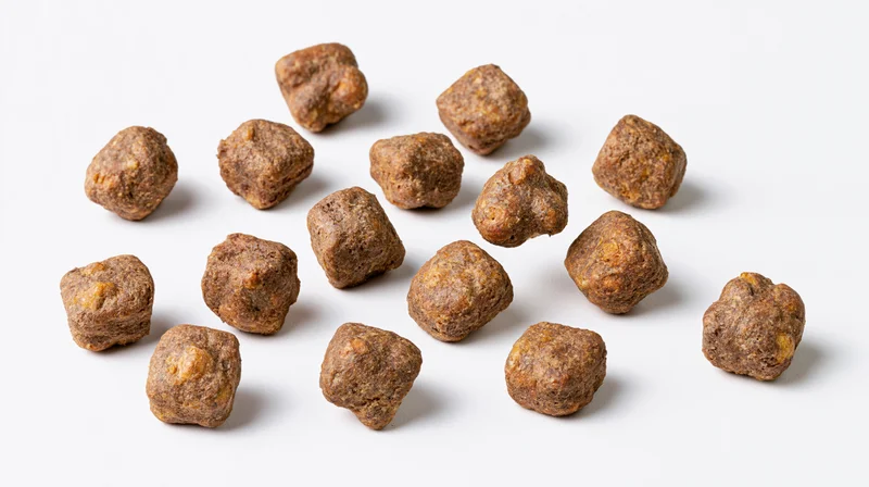 Dry pet food kibble pieces scattered on white surface