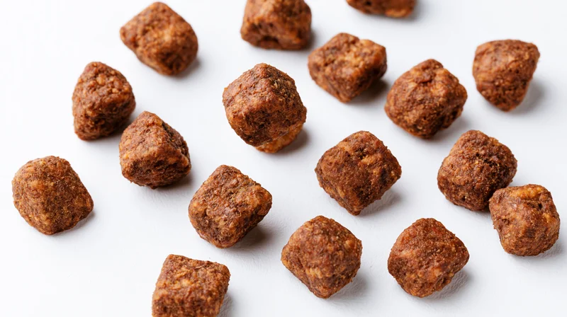 Dry pet food kibble pieces scattered on white background