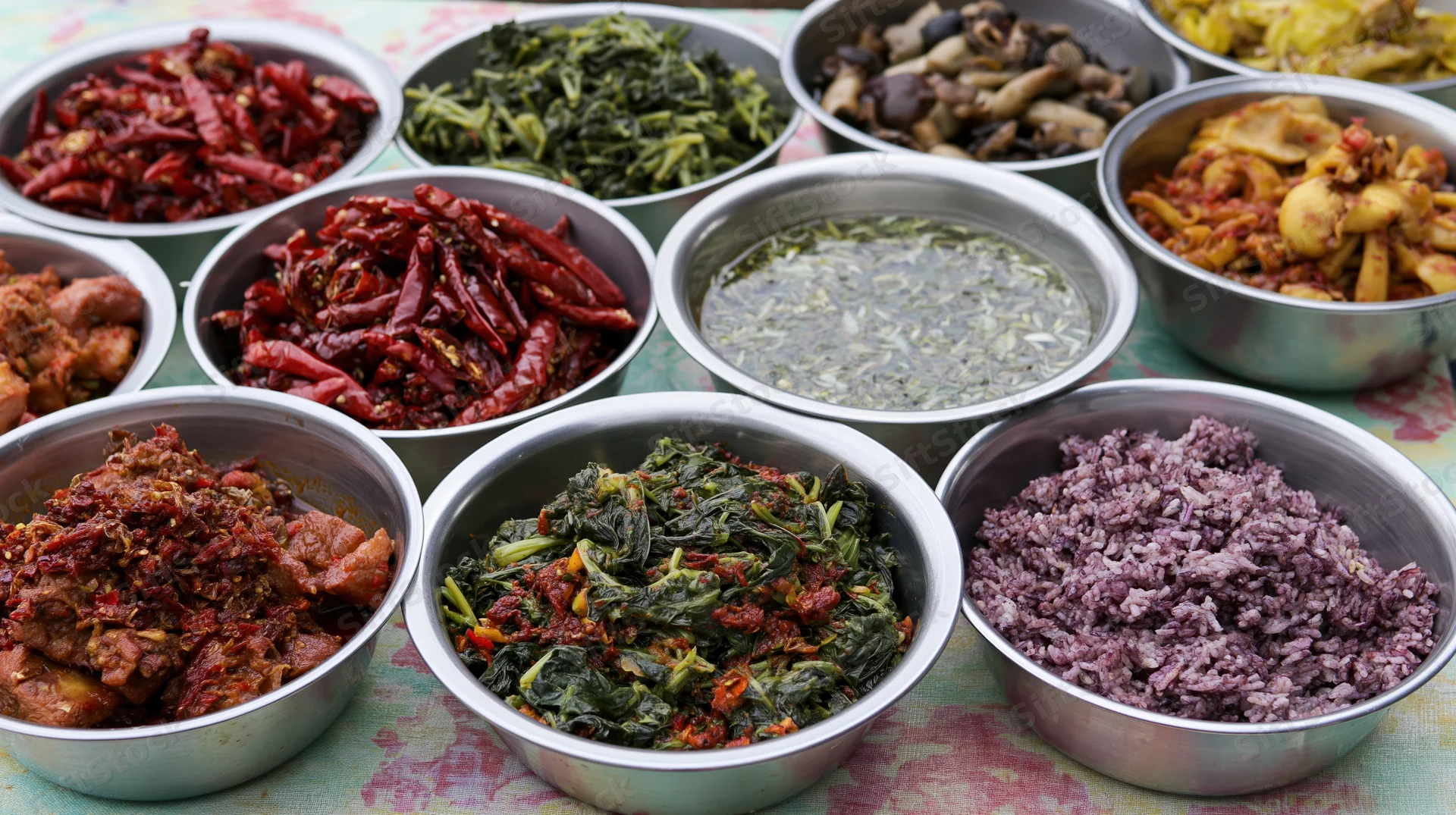 Multiple stainless steel bowls filled with assorted thai dishes arranged on a patterned cloth