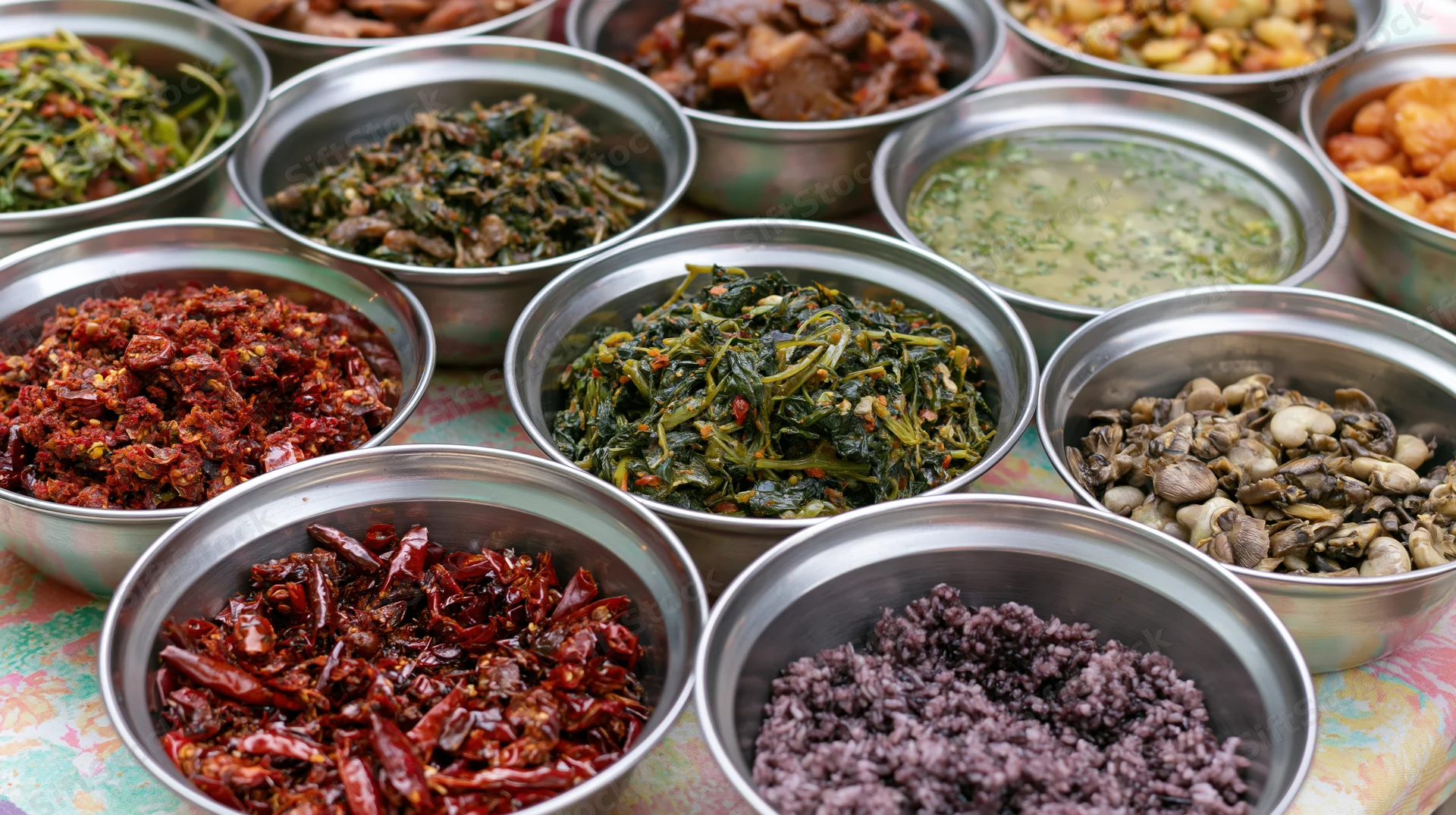 Multiple stainless steel bowls filled with assorted thai dishes arranged on a patterned tablecloth