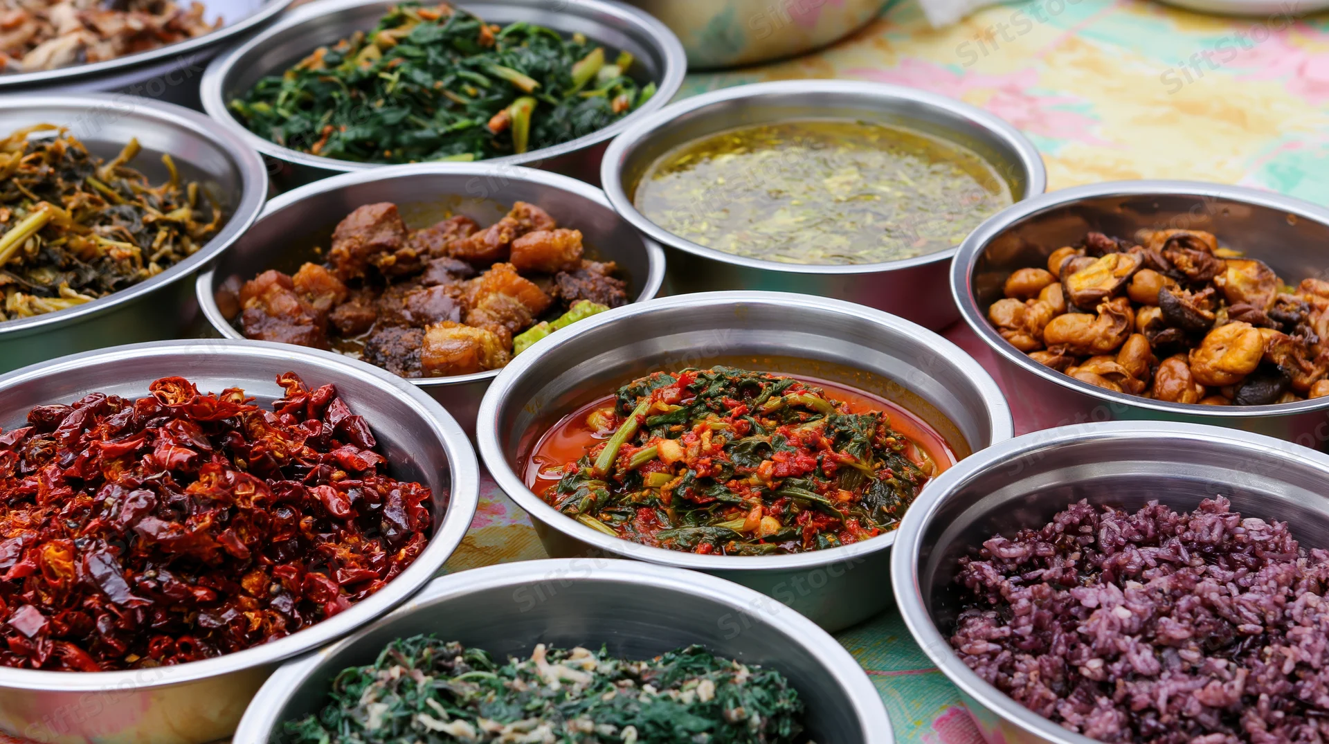 Multiple stainless steel bowls filled with assorted thai dishes arranged on a patterned cloth