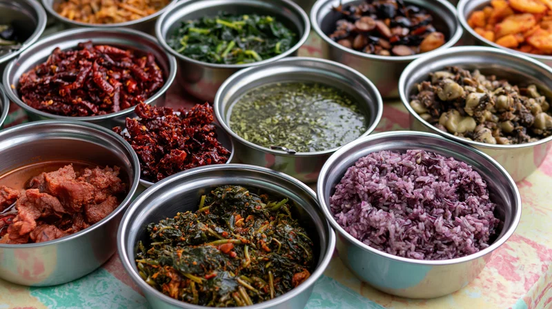 Multiple stainless steel bowls filled with assorted thai dishes arranged on a patterned cloth