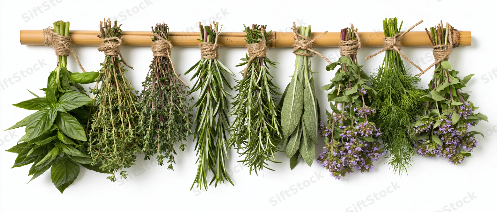 Nine bunches of fresh herbs tied with twine hanging upside down on a bamboo rod against white background