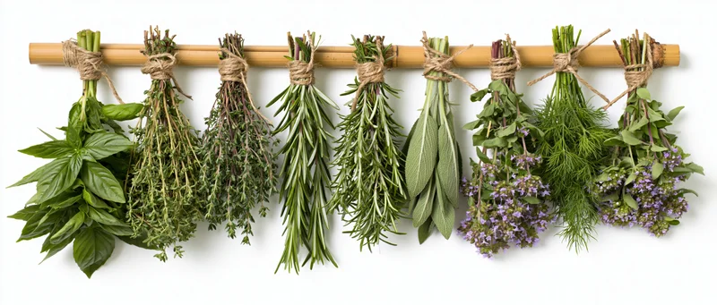 Nine bunches of fresh herbs tied with twine hanging upside down on a bamboo rod against white background