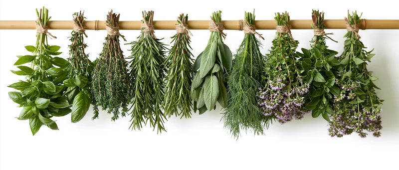 Nine bunches of fresh herbs tied with twine hanging upside down from a bamboo rod against a white background