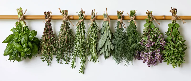 Nine bunches of fresh herbs tied with twine hanging upside down from a bamboo rod against a white background