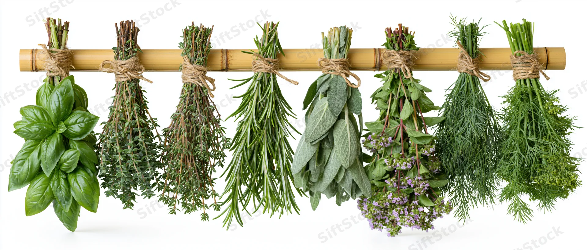 Nine bunches of fresh herbs tied with twine hanging upside down from a bamboo rod for drying