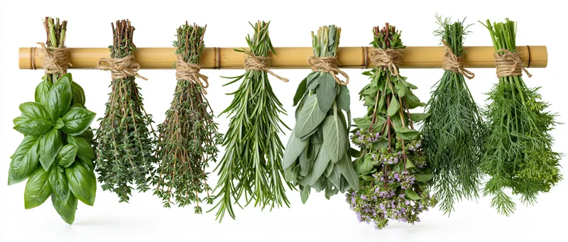 Nine bunches of fresh herbs tied with twine hanging upside down from a bamboo rod for drying