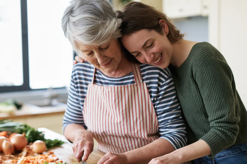 Senior woman chopping vegetables in kitchen with daughter embracing her from behind