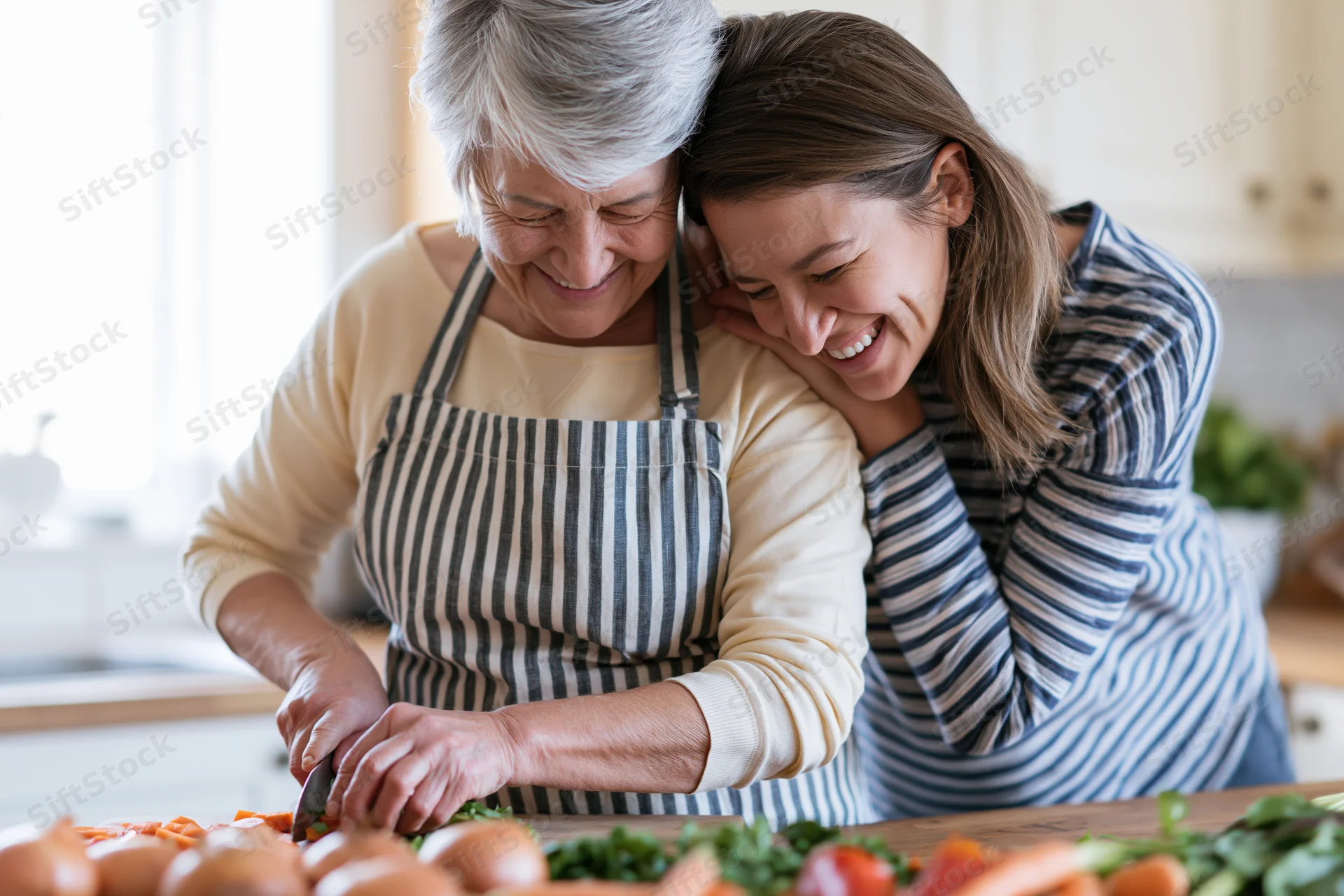 Senior woman chopping vegetables in kitchen with daughter leaning close and laughing