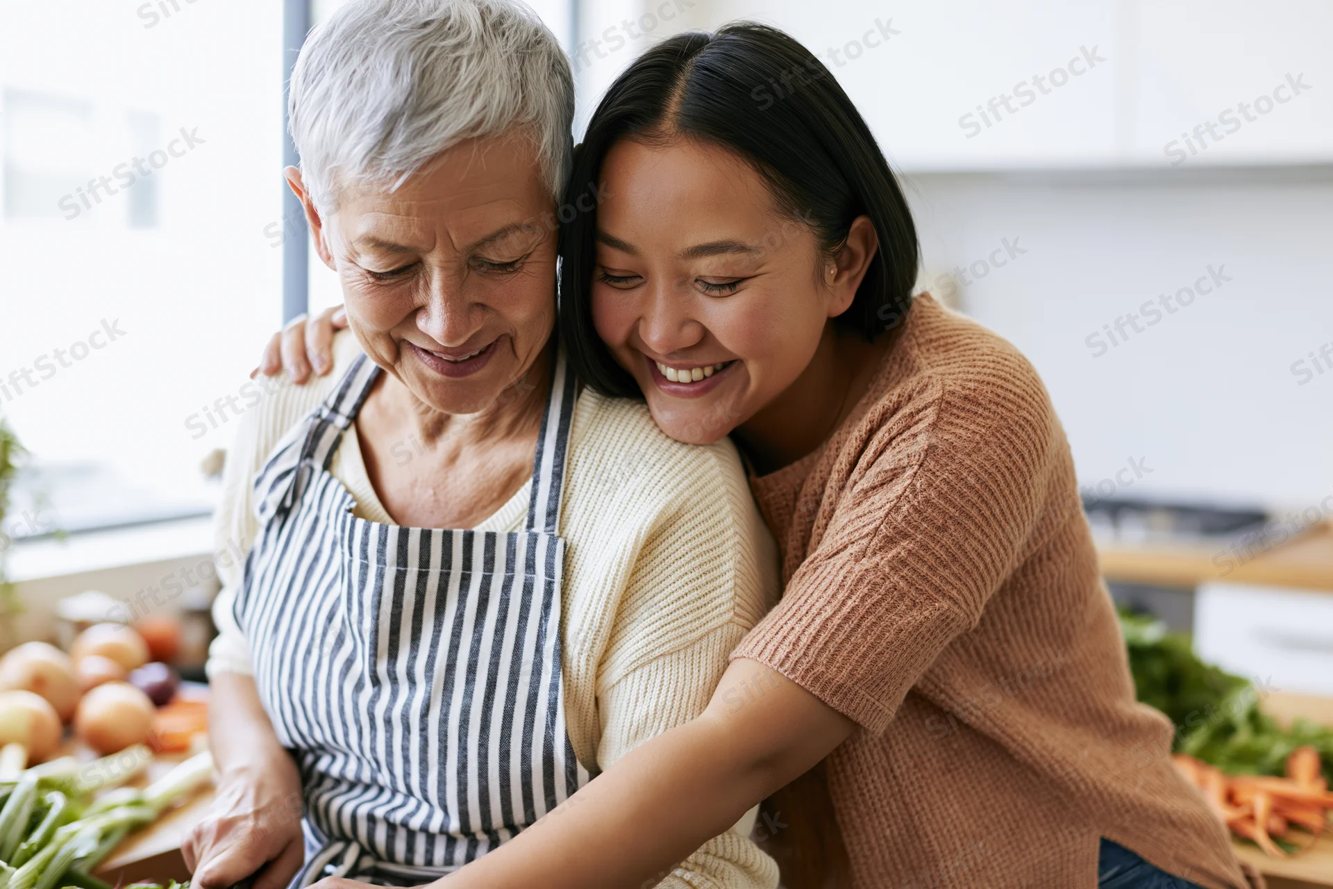 Senior woman chopping vegetables in kitchen with daughter hugging her from behind