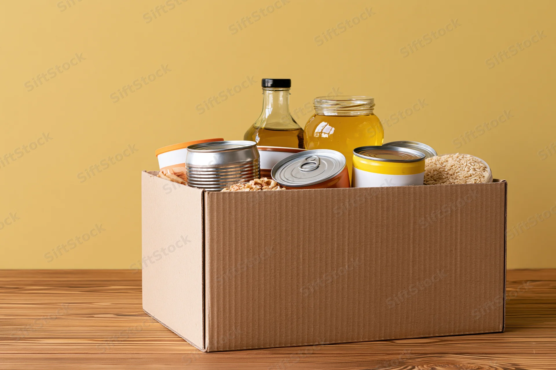 Open cardboard box filled with canned goods and jars on wooden surface