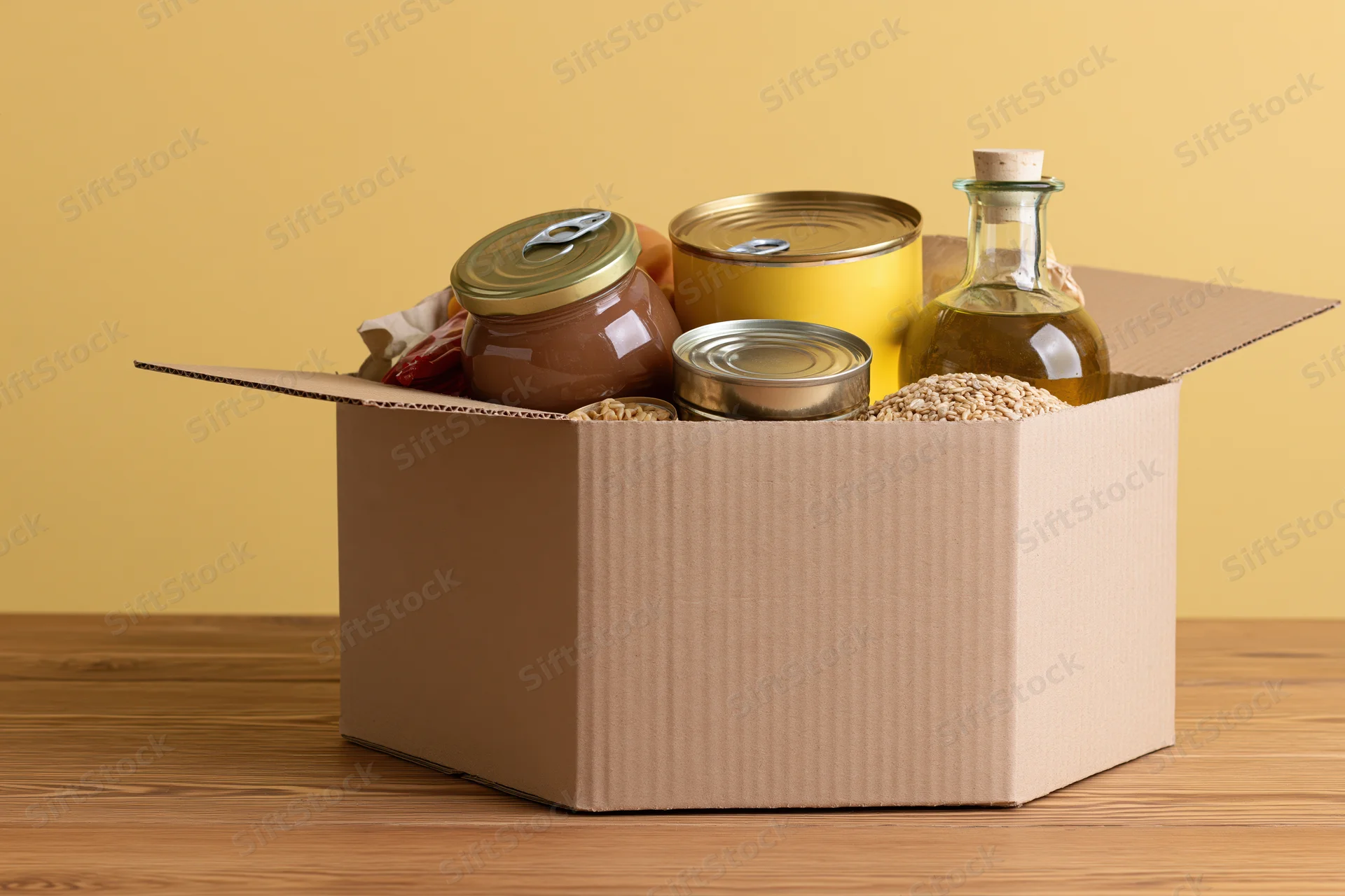 Open cardboard box filled with canned goods and jars on wooden table
