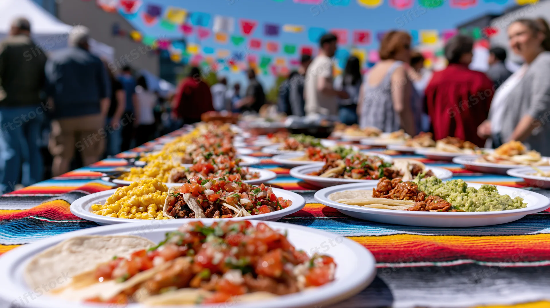 Long table covered with plates of mexican street food at an outdoor festival with colorful flags above and people gathered around