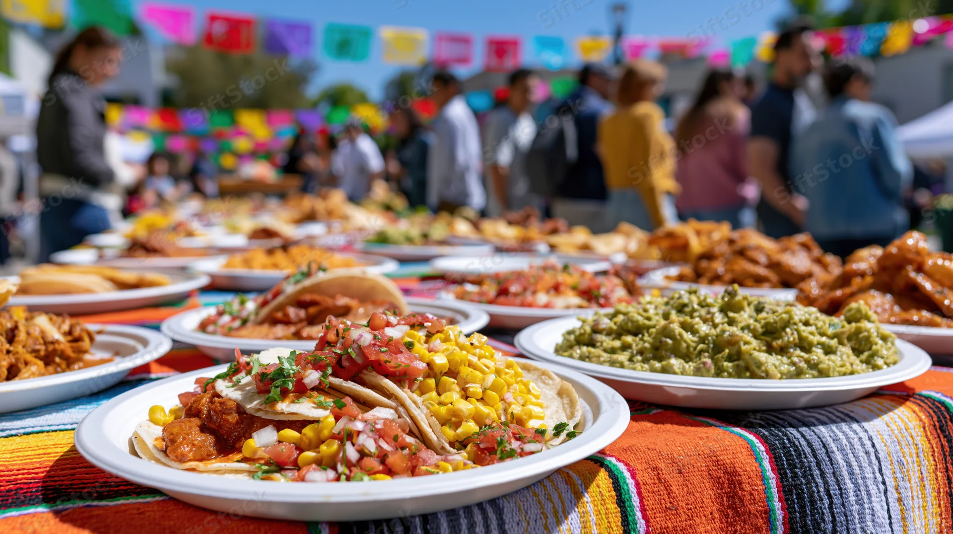 Mexican street festival food spread on a colorful blanket with tacos, guacamole, and corn under bright daylight