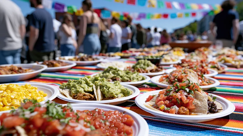 Mexican street festival food spread on a colorful blanket with people in the background